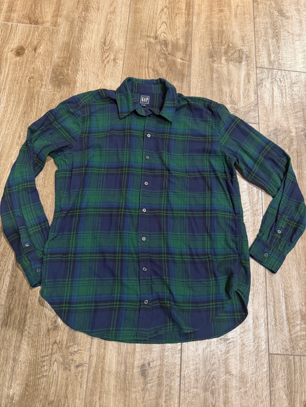 GAP Women’s Green and Navy Plaid Button-Down Shirt Sz Lg Tall